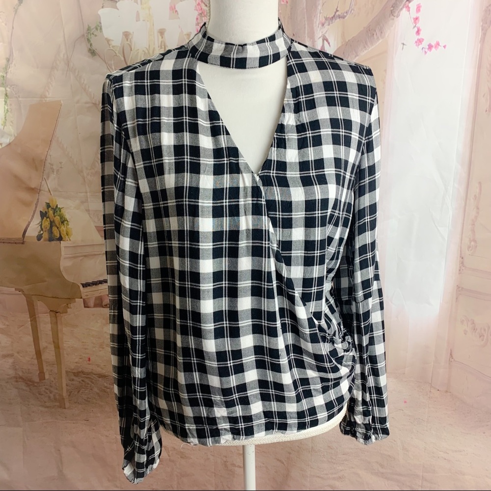 Michael Kors White Black Checker Plaid Halter Keyhole Blouse